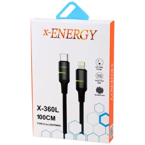 کابل شارژ مدل X-360L  برند ایکس انرجی X-ENERGY  TYPE-C TO LIGHTNING+مشکی+گارانتی IPM