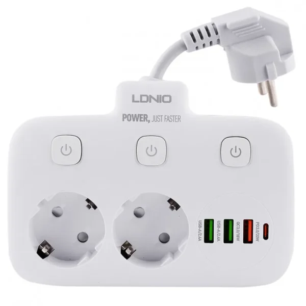 چند راهی برق مدل SE2435 برند LDNIO الدنیو دوراهی - USB - TYPE C - 20W