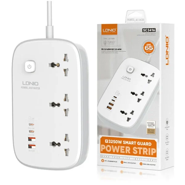 چند راهی برق مدل SE3416 برند LDNIO الدینیو متراژ 2 - سفید - 65W