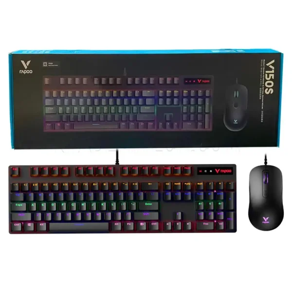کیبورد و موس سیم دار گیمینگ مدل V150s برند RAPOO رپو  RGB - مشکی -سوییچ مشکی- گارانتی 18 ماه پانا