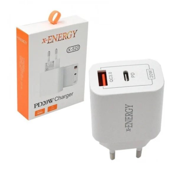 شارژر TYPE C&USB مدل X-520 برند X-ENERGY  سفید - 20W - گارانتی IPM