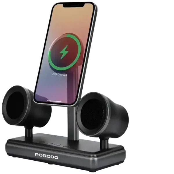 استند شارژ بیسیم و اسپیکر مدل FWCO50 QI2 برند PORODO پورودو مشکی - 15W - HIFI AUDIO 16W - IPHONE 12 UP
