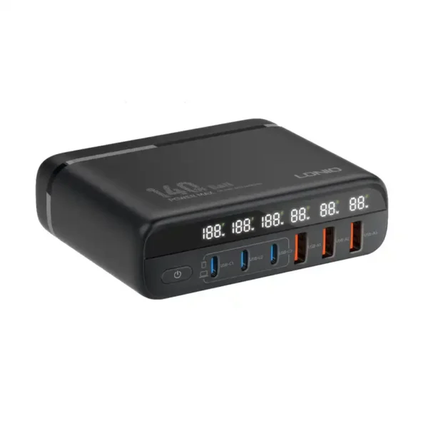 هاب شارژر مدل A6140C برند LDNIO الدینیو  مشکی - USB*3 - TYPE C*3 -  140W GAN