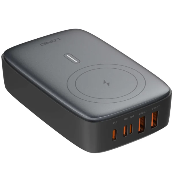 هاب شارژ و شارژ بیسیم مدل Q4010 برند LDNIO الدینیو  مشکی - USB*2 - TYPE C*3 -140W GAN