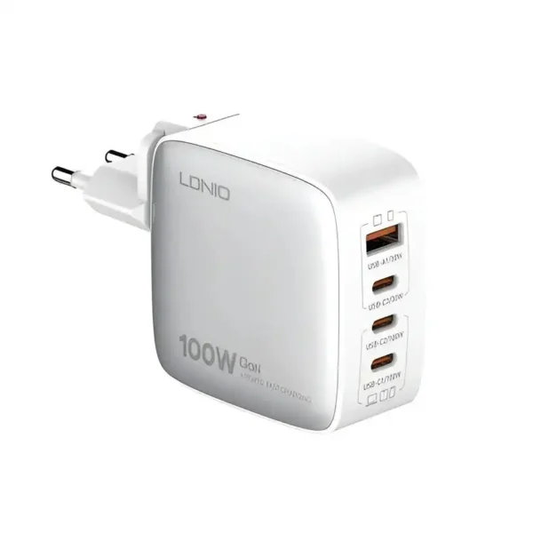 شارژر چند پورت مدل Q408 برند LDNIO الدینیو سفید - USB*1 - TYPE C*3 - 100W GAN