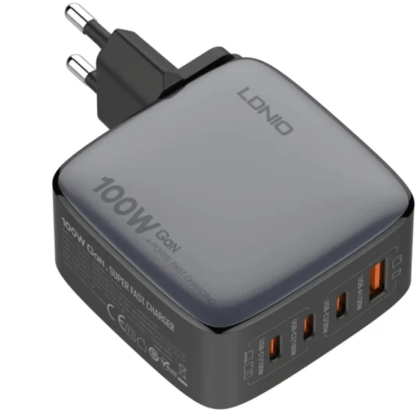 شارژر چند پورت مدل Q408 برند LDNIO الدینیو  مشکی - USB*1 - TYPE C*3 - 100W GAN