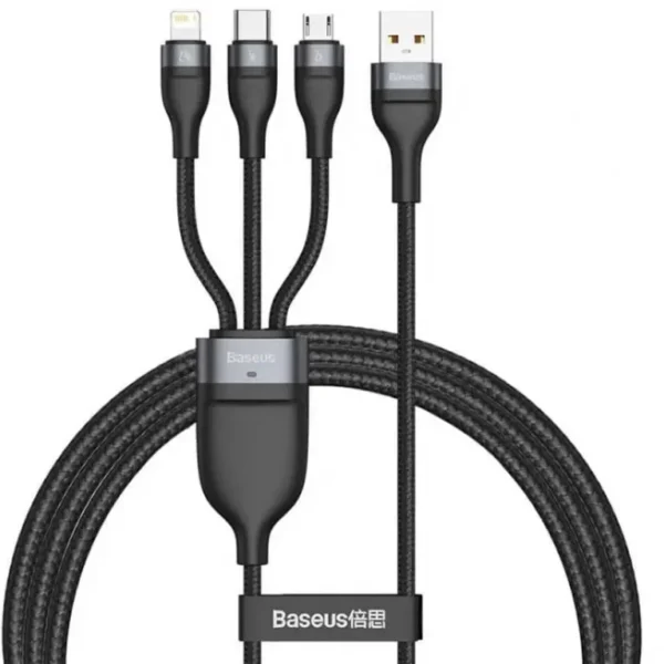 کابل شارژ USB TO THREE سه کاره مدل CB000161 برند BASEUS بیسوس مشکی - متراژ 1.3 - PVC -