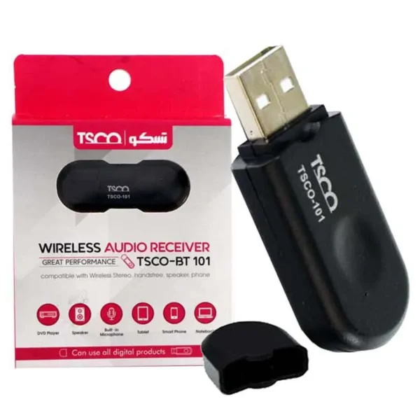 دانگل بلوتوث مدل BT101 برند TSCO تسکو - برای اسپیکر های غیر بلوتوثی مشکی - USB - گارانتی توسن سیستم