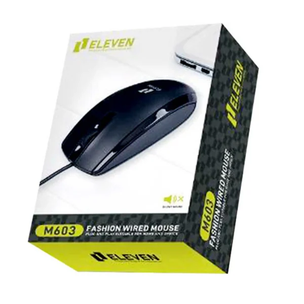 موس سیم دار مدل M603 برند الون ELEVEN  بی صدا مشکی گارانتی رایان آروند 12 ماه