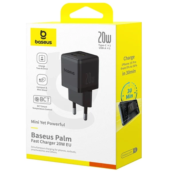 شارژر مدل PALM (CCZC20UE) برند BASEUS بیسوس - مشکی  TYPE C*1 - USB*1 - 20W - گارانتی آونگ