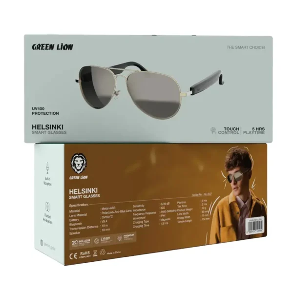 عینک هوشمند مدل HELSINKI برند GREEN LION گرین لاین مشکی - ANTI BLUE - 5 HRS - IPX4 - UV400