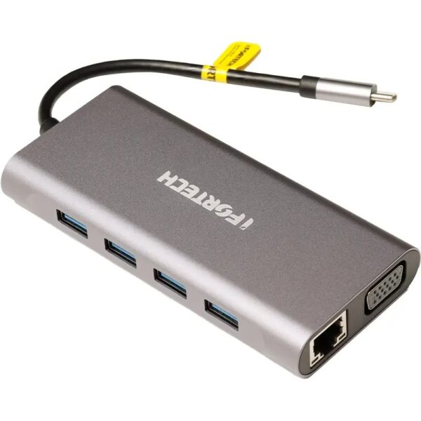 هاب TYPE-C مدل HU038 برند IFORTECH ایفورتک-10 کاره-LAN-TYPE-C-SD-USB3*3- AUX-HDMI-VGA-گارانتی 12 ماهه شرکتی